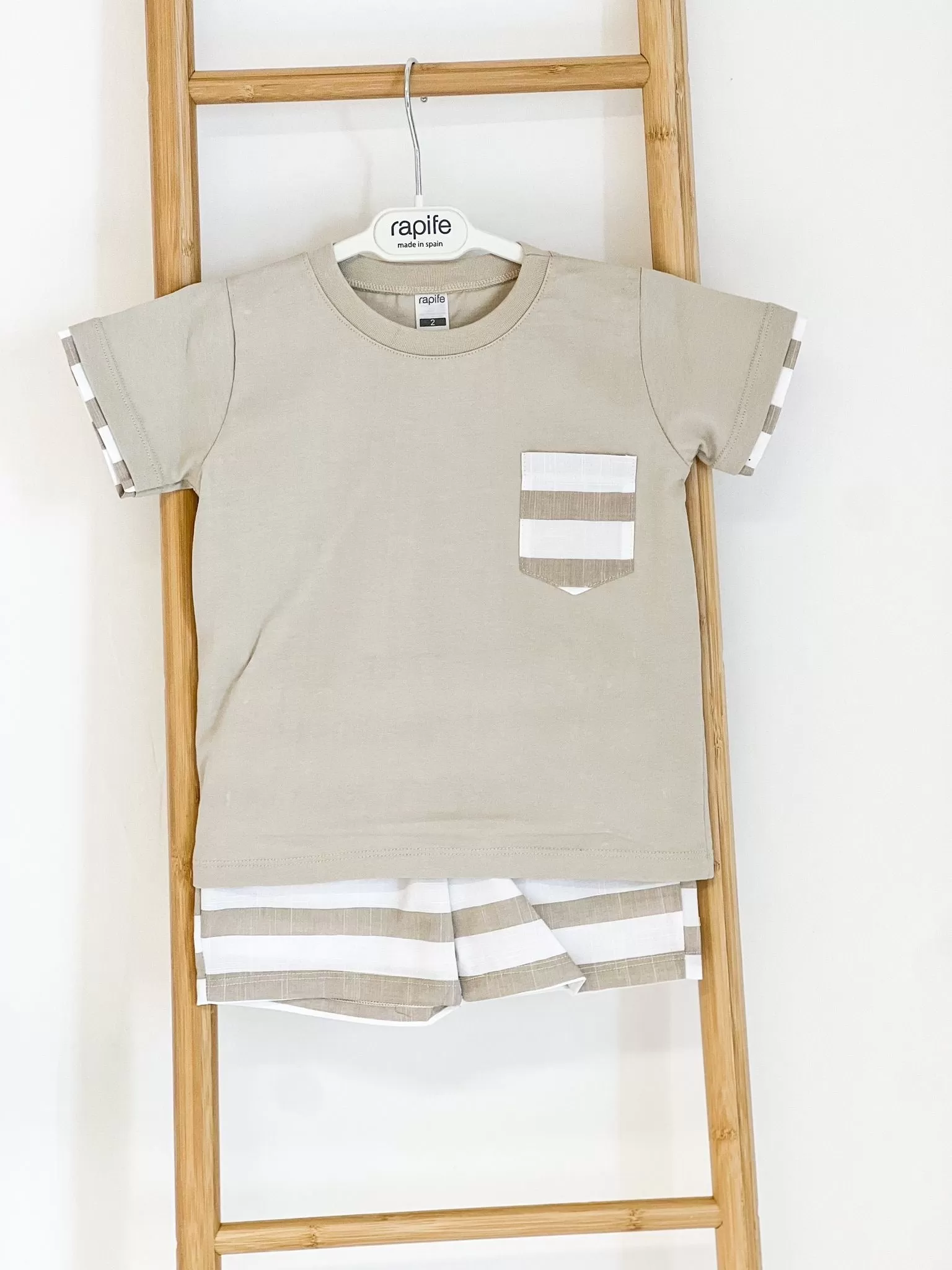 Boys Rapife Camel Horizontal Stripe Pocket Shirt and Short Set