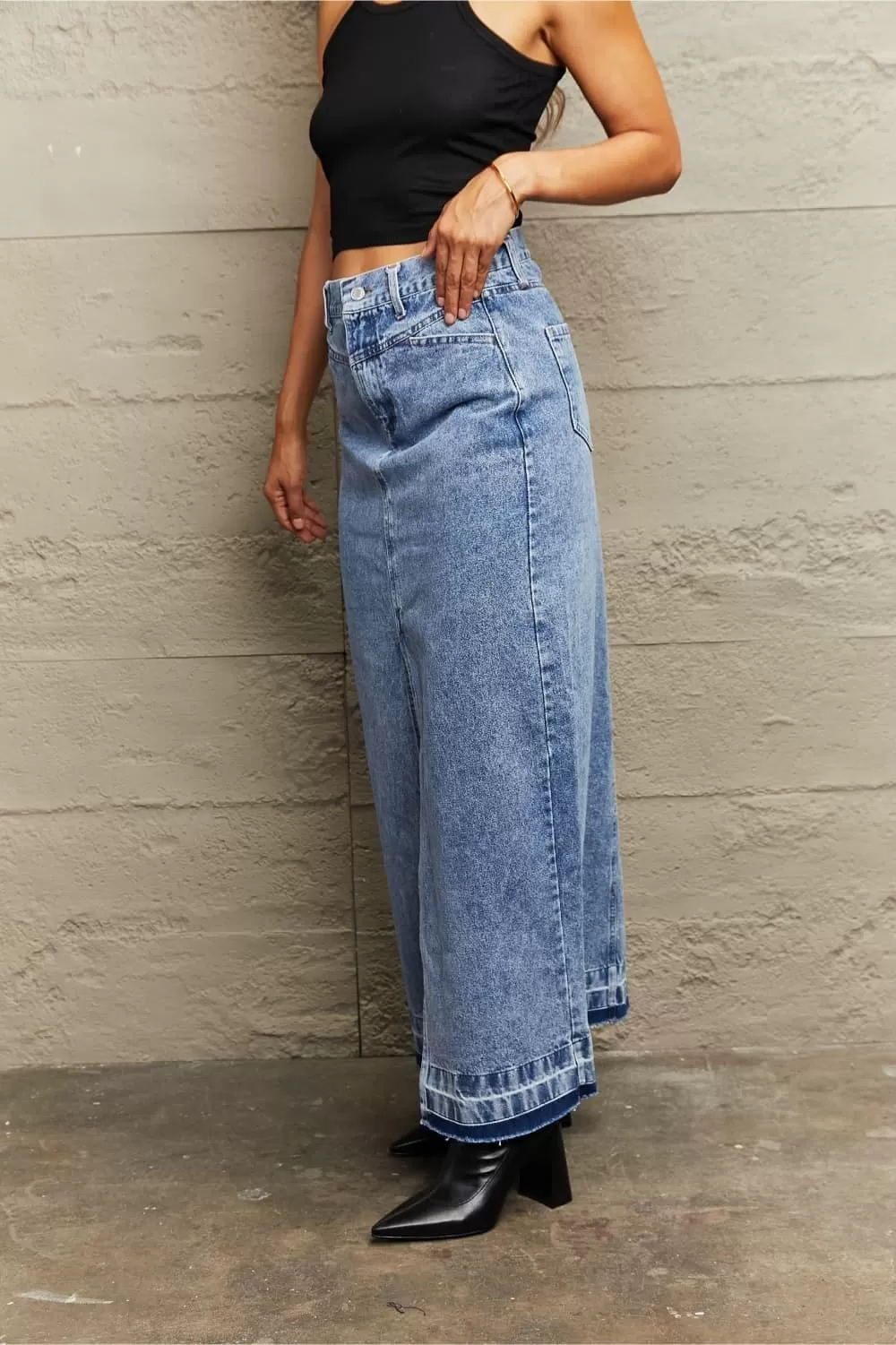 Breah Front Slit Maxi Denim Skirt