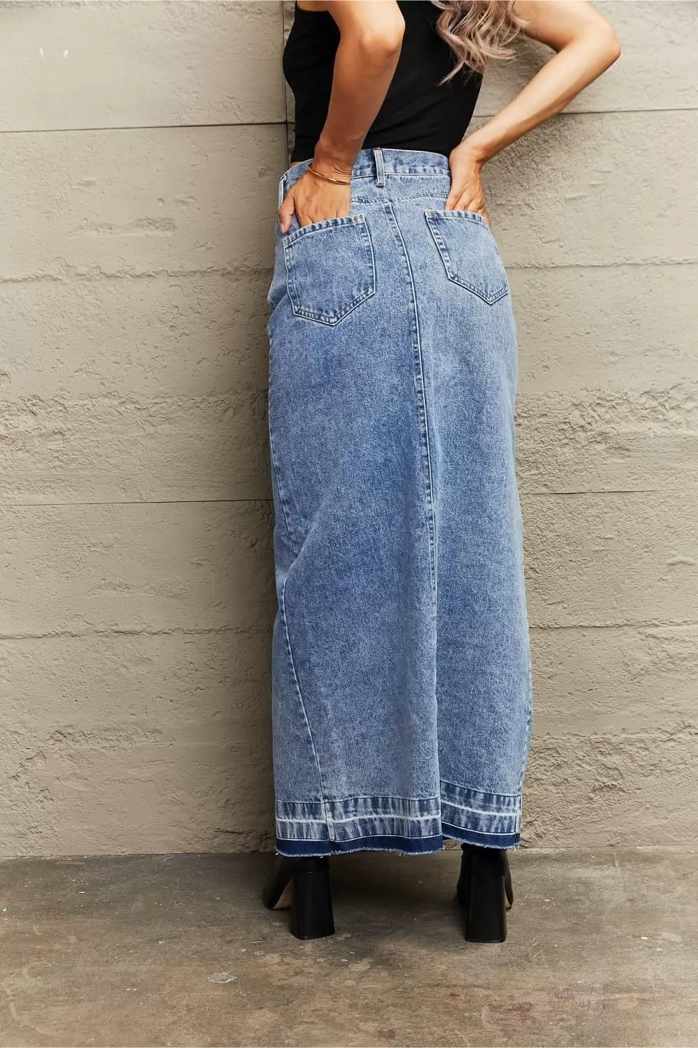 Breah Front Slit Maxi Denim Skirt