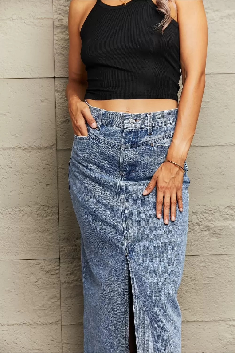 Breah Front Slit Maxi Denim Skirt