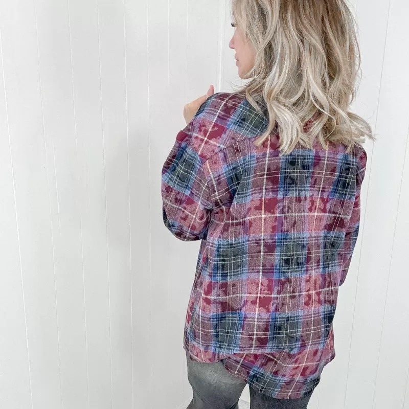 Burgundy and Navy Plaid Flannel Button Down Shirt