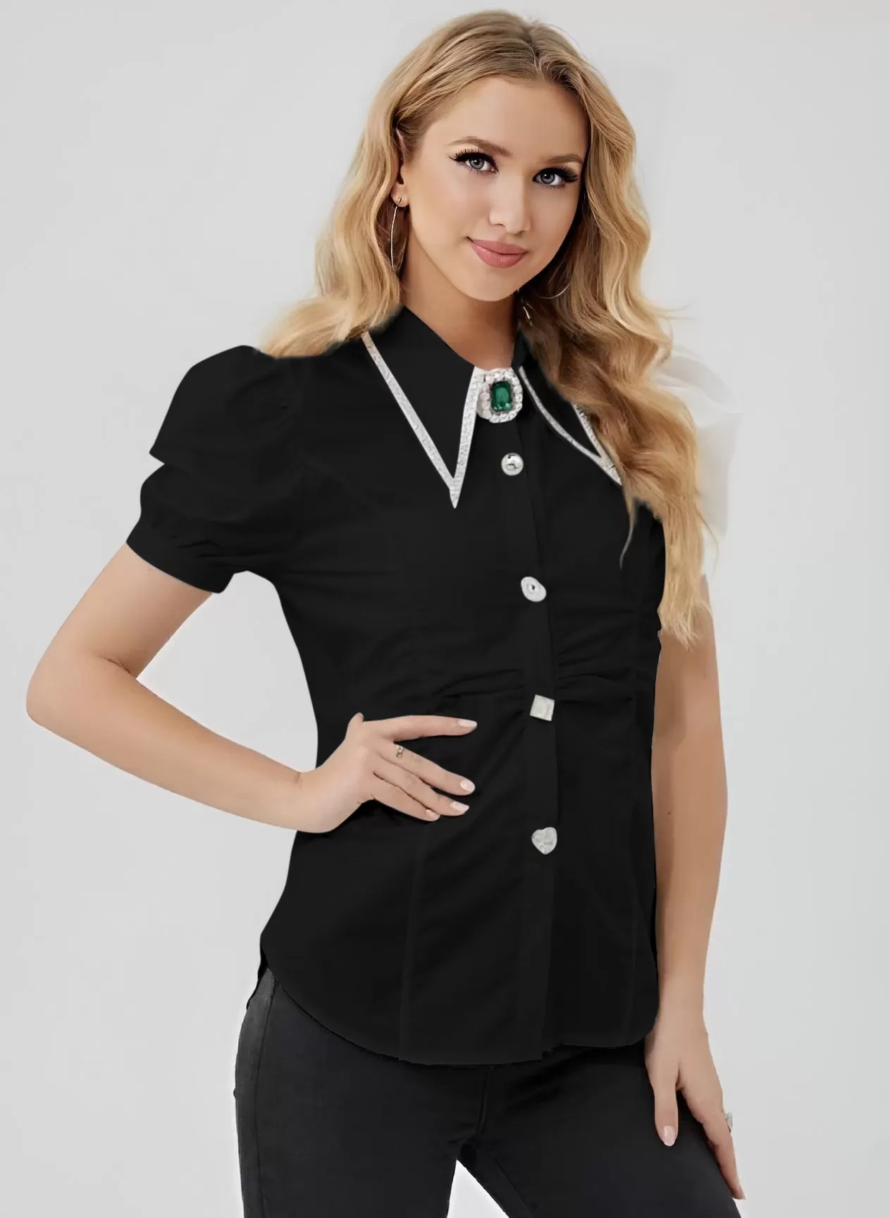 Camicia Donna Colletto Mezza Manica Sbuffo Gioielli Pietre Strass Elegante