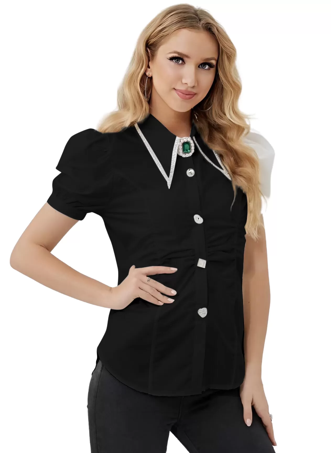 Camicia Donna Colletto Mezza Manica Sbuffo Gioielli Pietre Strass Elegante