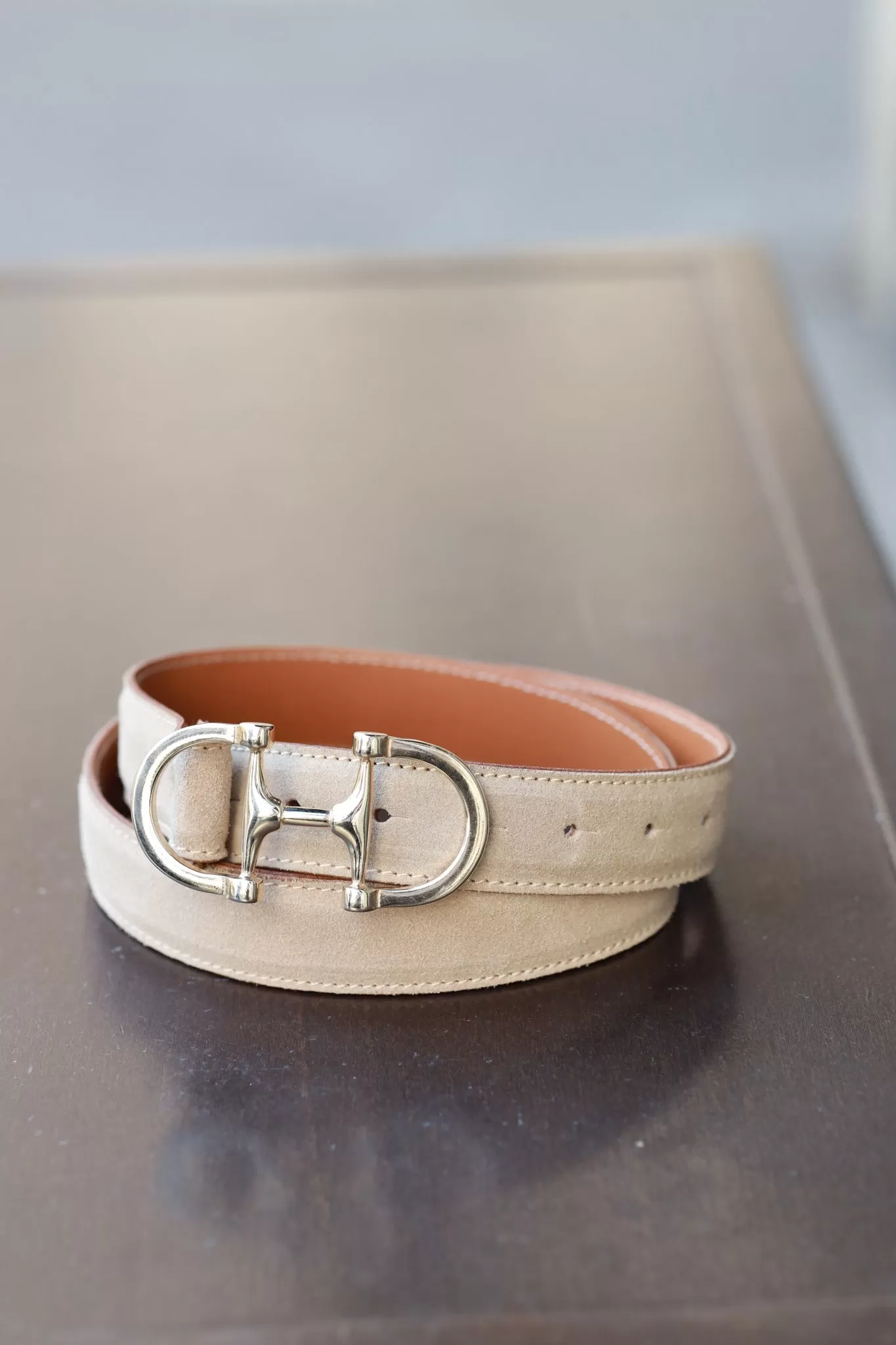 Ceinture Ambre mors de cheval en veau velours - Beige