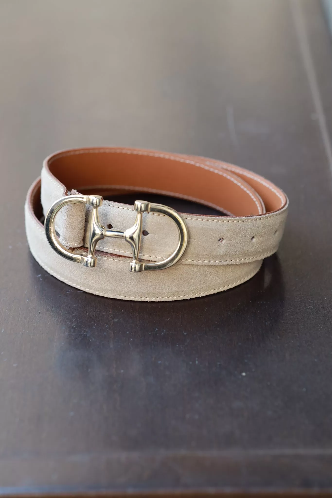 Ceinture Ambre mors de cheval en veau velours - Beige