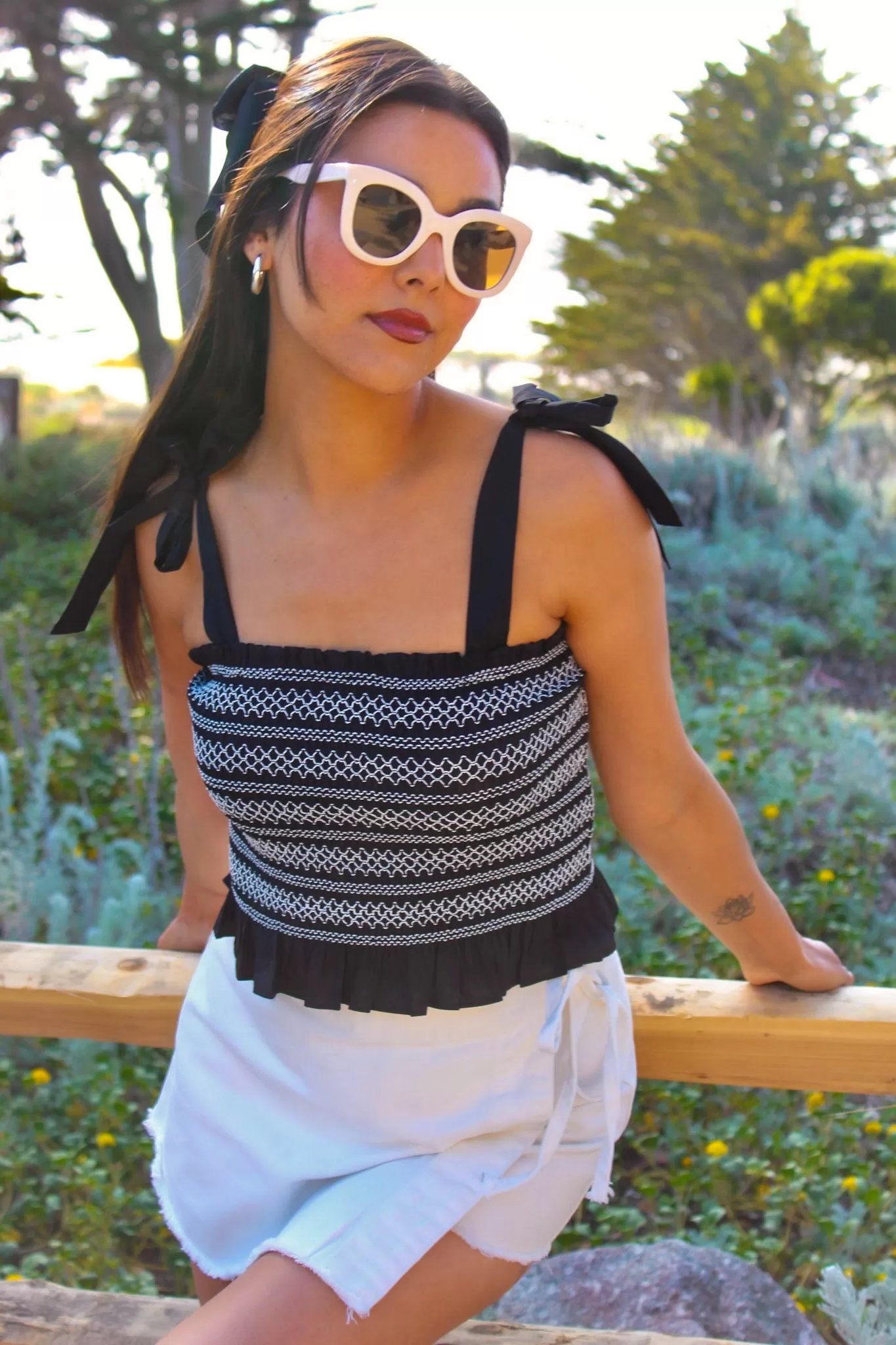 Celestial Tie Strap Smocked Crop Top - Black/White