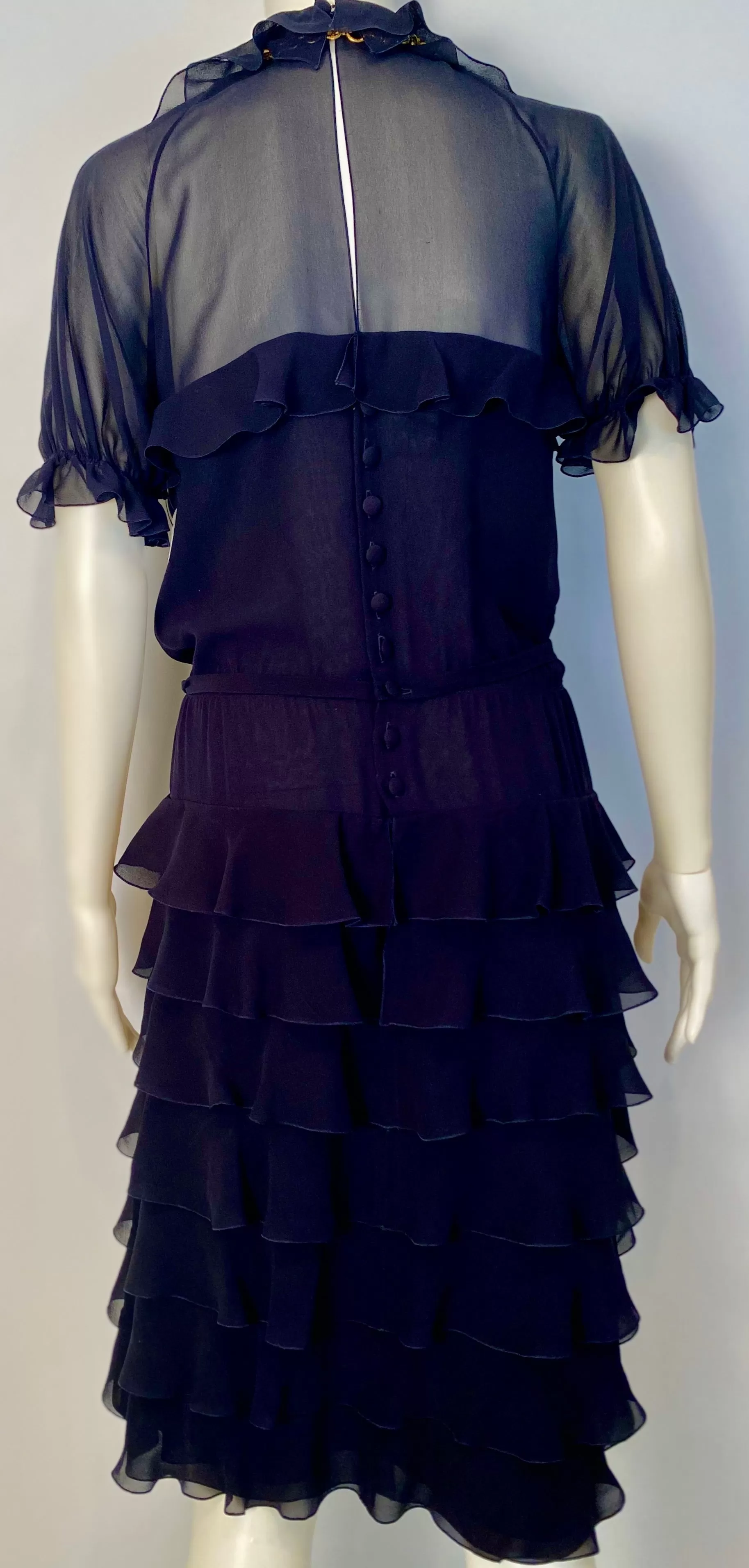 Chanel 01P 2001 Spring Navy Blue Silk Chiffon Ruffle short sleeve dress FR 38 US 4