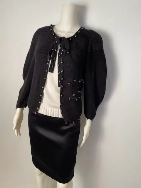 Chanel 09P 2009 Spring black CC logo knit silk cardigan with grey pearls FR 36 US 4