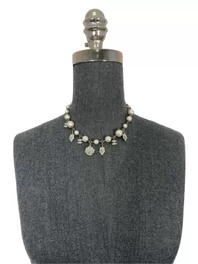 CHANEL Faux Pearl Crystal Camellia Charm Necklace