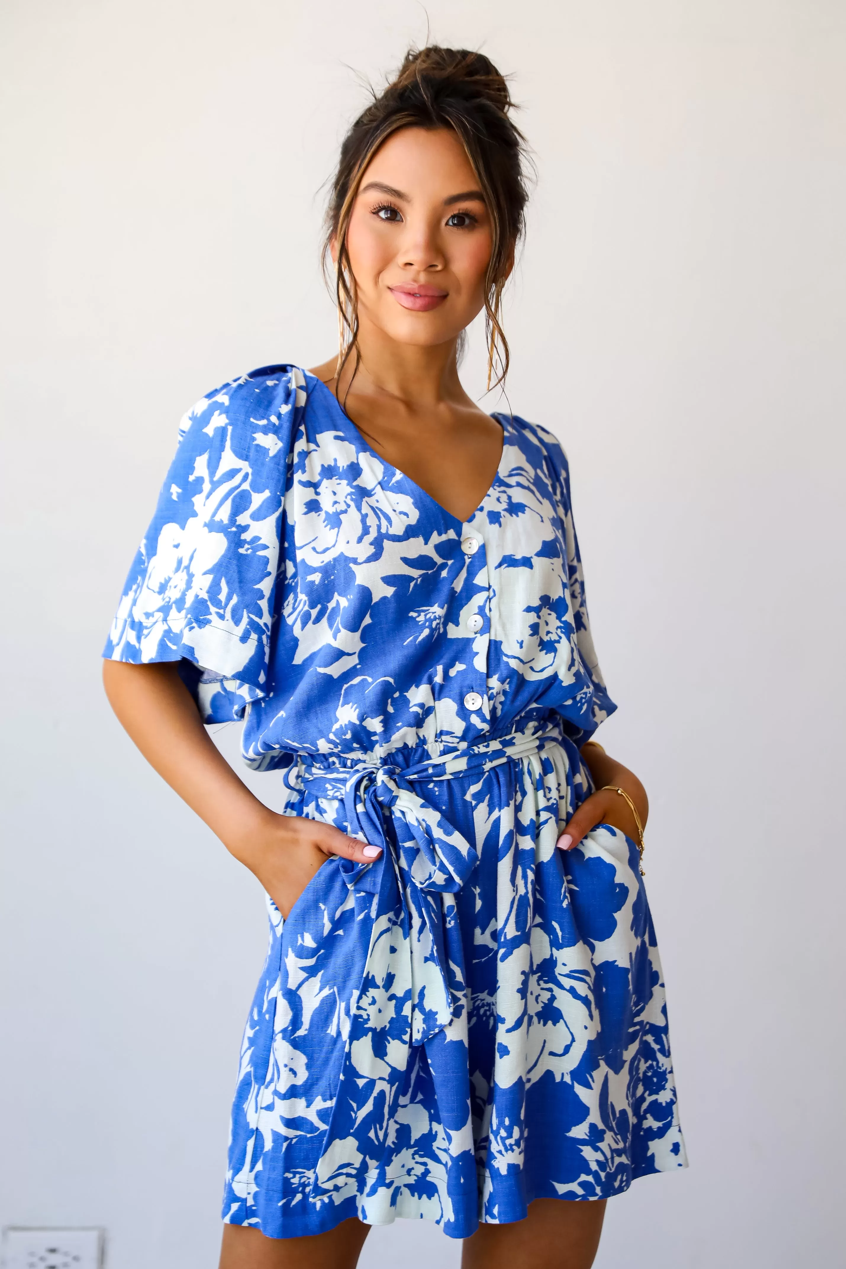 Charming Pose Royal Blue Floral Linen Romper