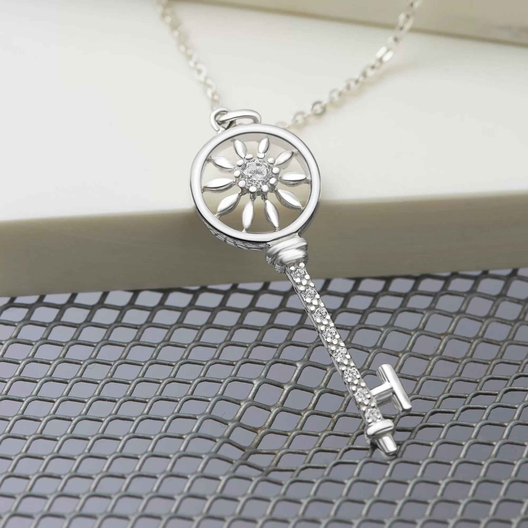 Circle Compass Key Necklace Silver