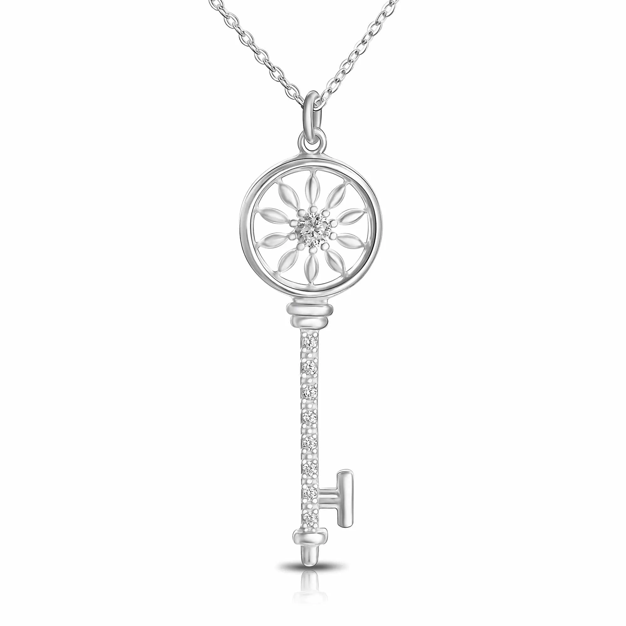 Circle Compass Key Necklace Silver