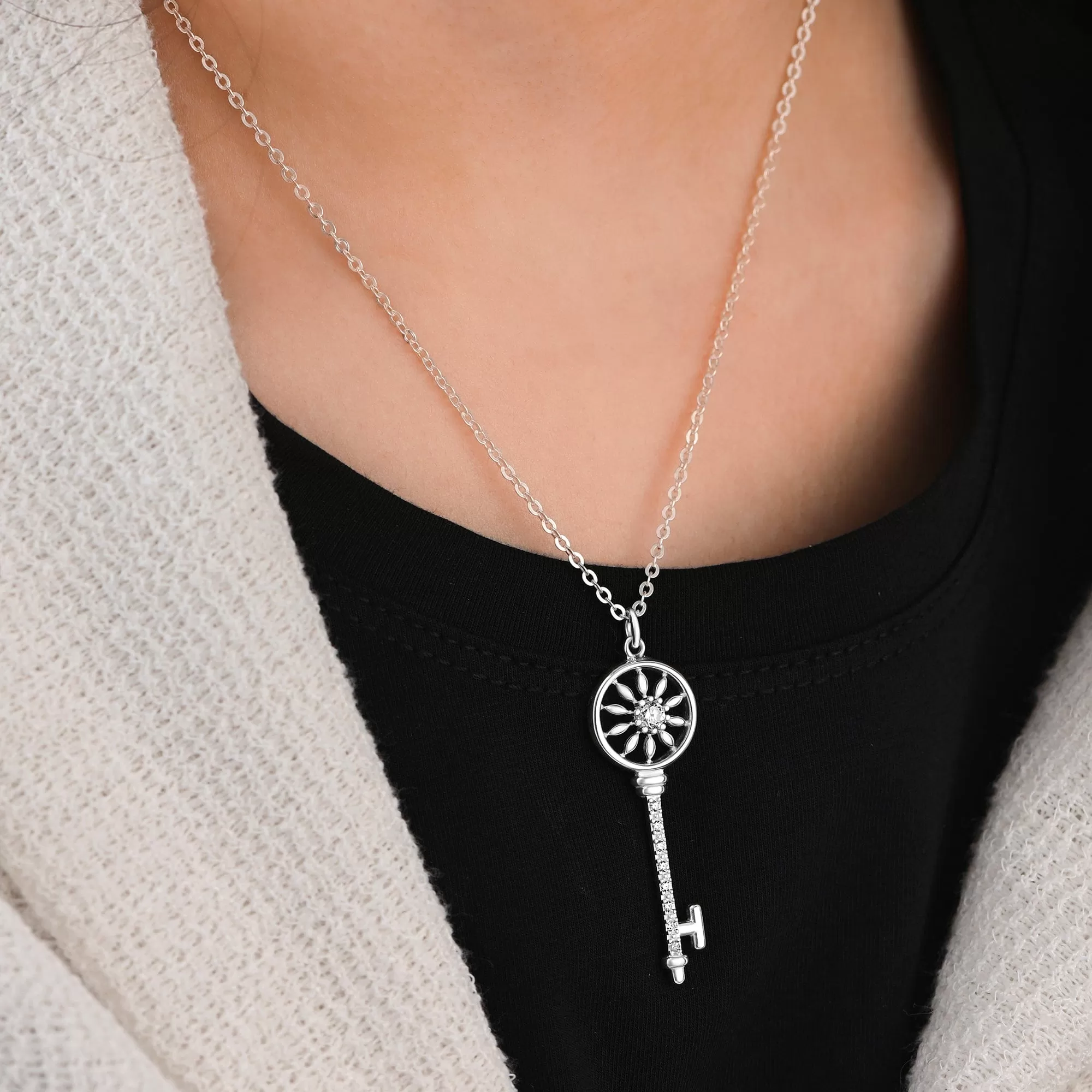 Circle Compass Key Necklace Silver