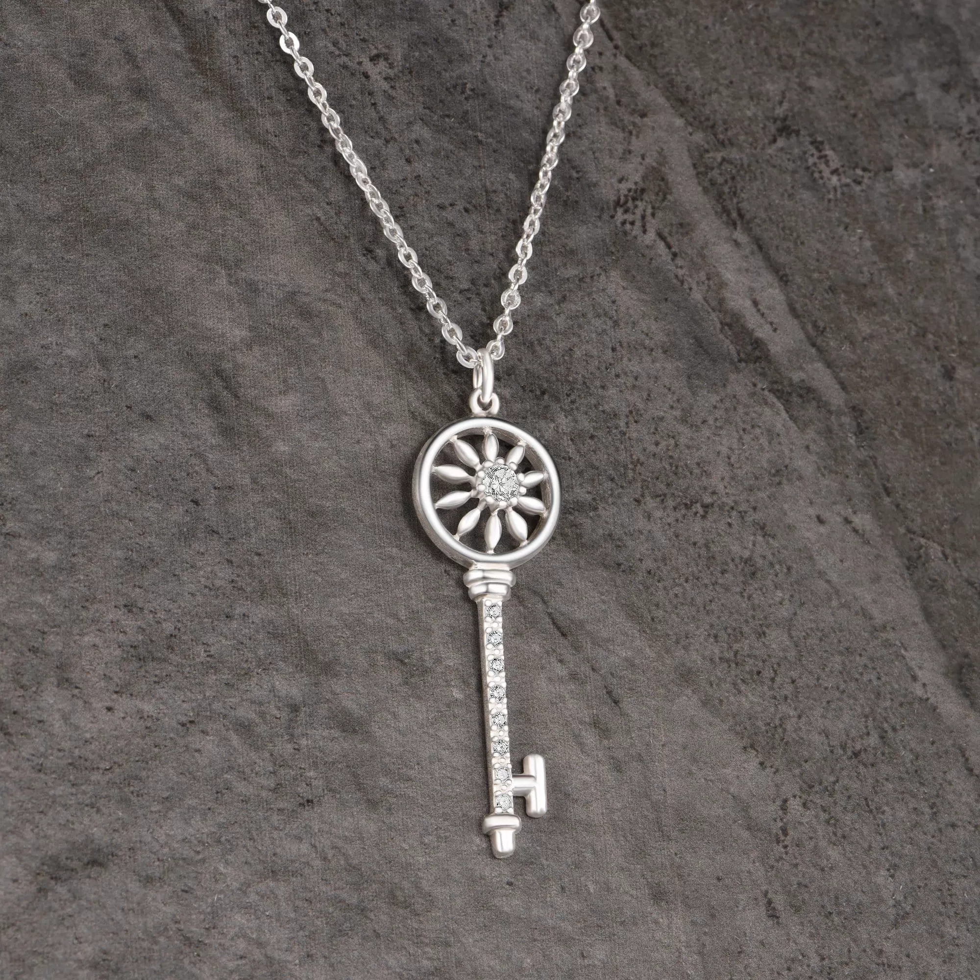 Circle Compass Key Necklace Silver