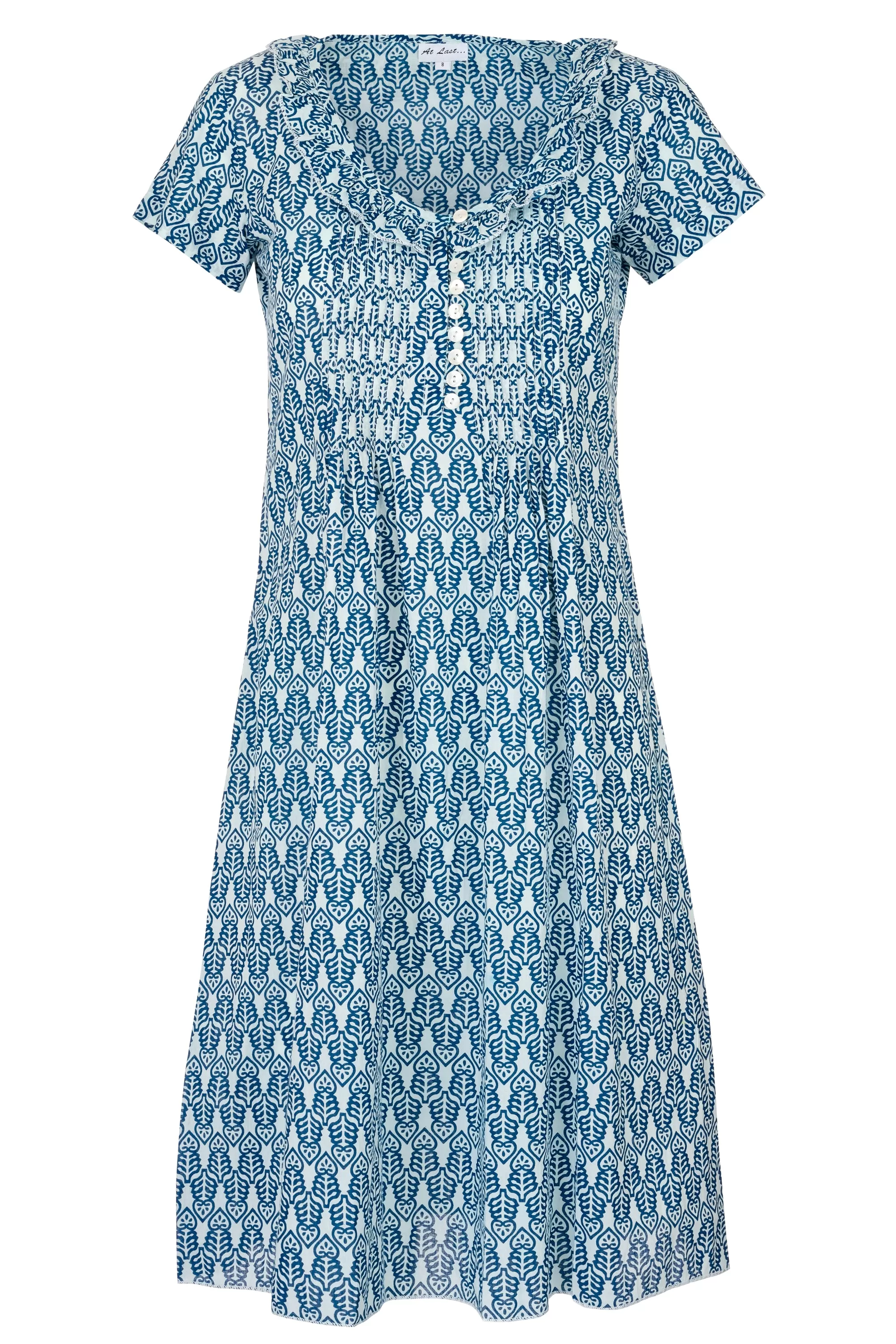 Cotton Karen Short Sleeve Day Dress in Fresh Navy & White