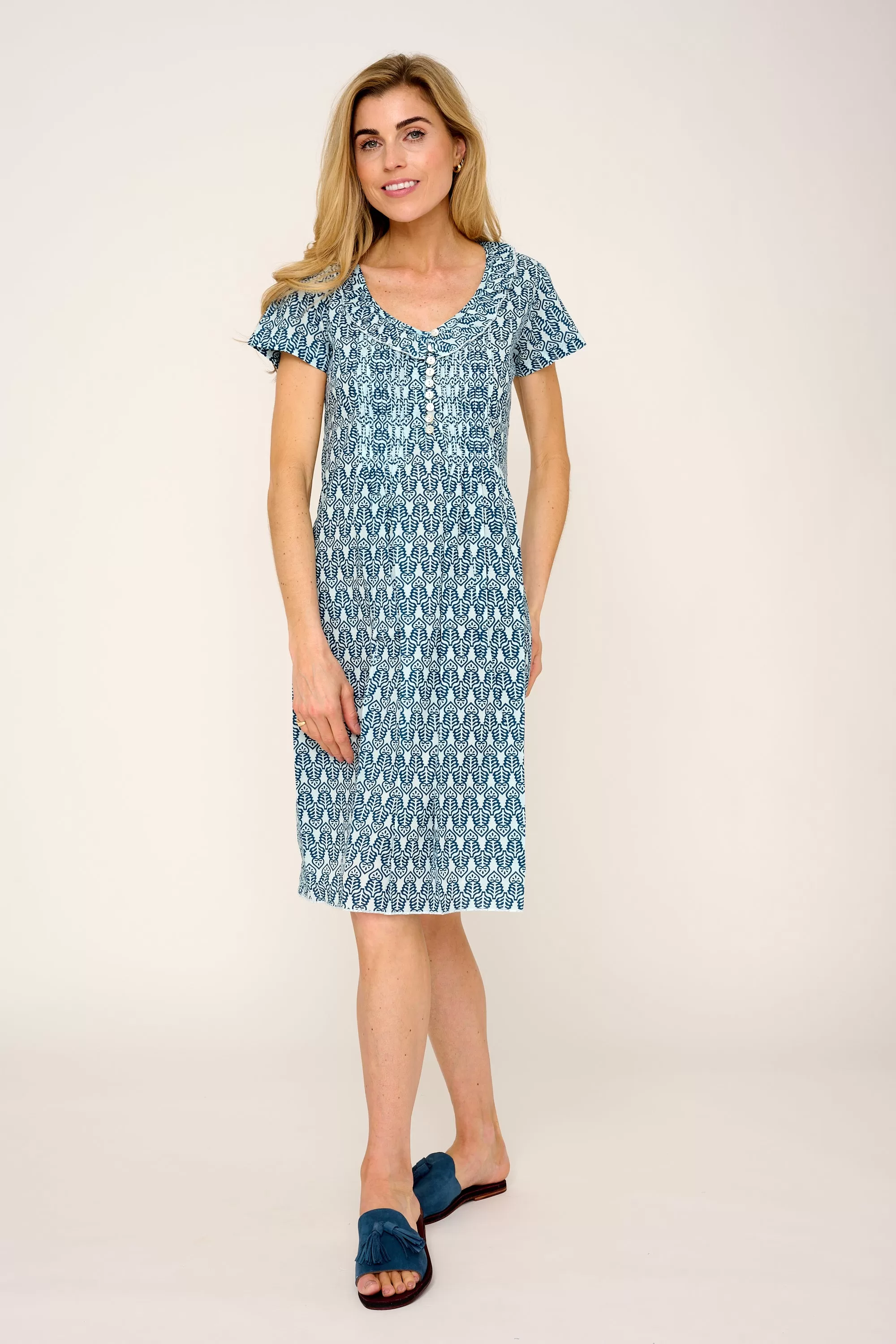 Cotton Karen Short Sleeve Day Dress in Fresh Navy & White