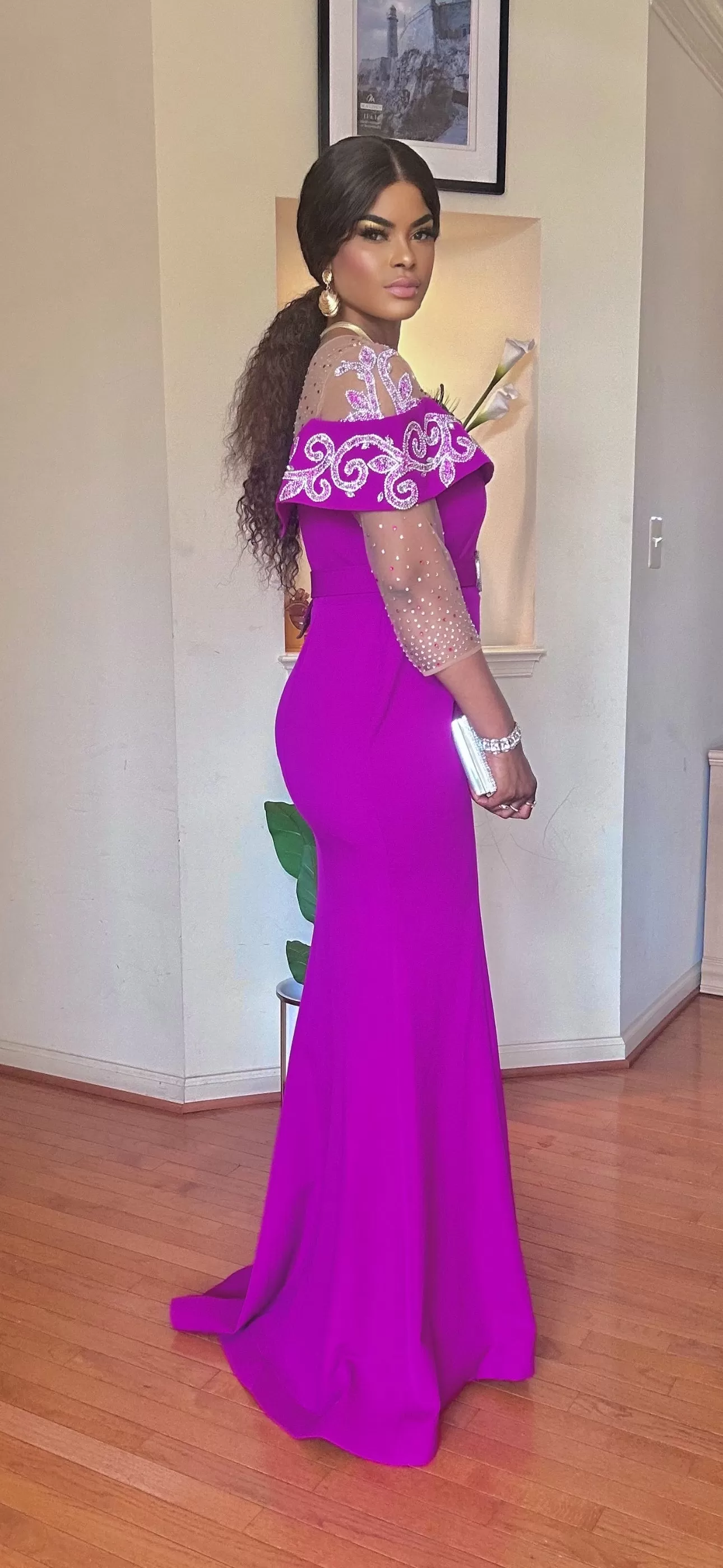 COUTURE RHINESTONE FLOOR LENGTH MAXI DRESS(PURPLE)