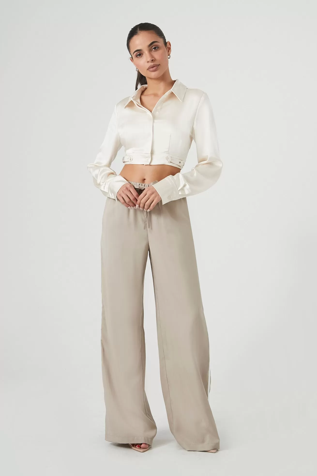 Cropped Satin Long-Sleeve Shirt