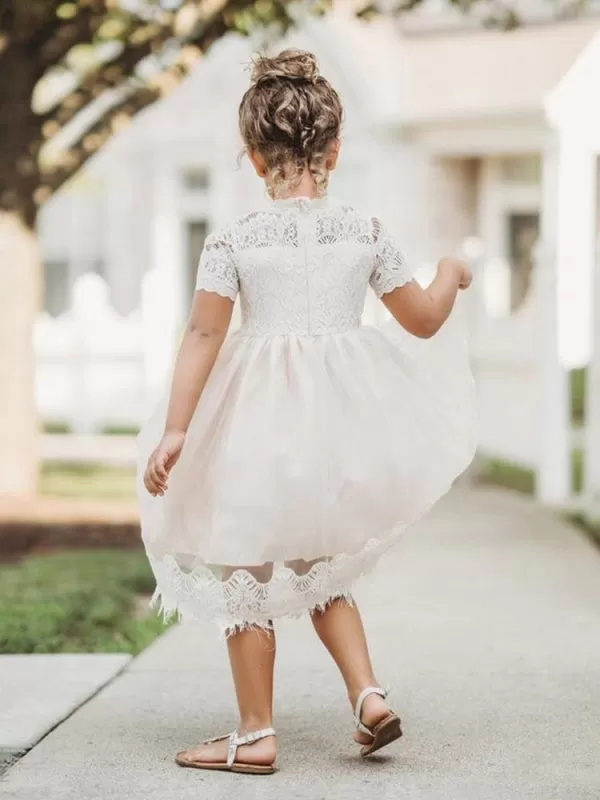 Cute White Short Sleeves Lace Appliques Flower Girl Dresses Kids Party Dresses