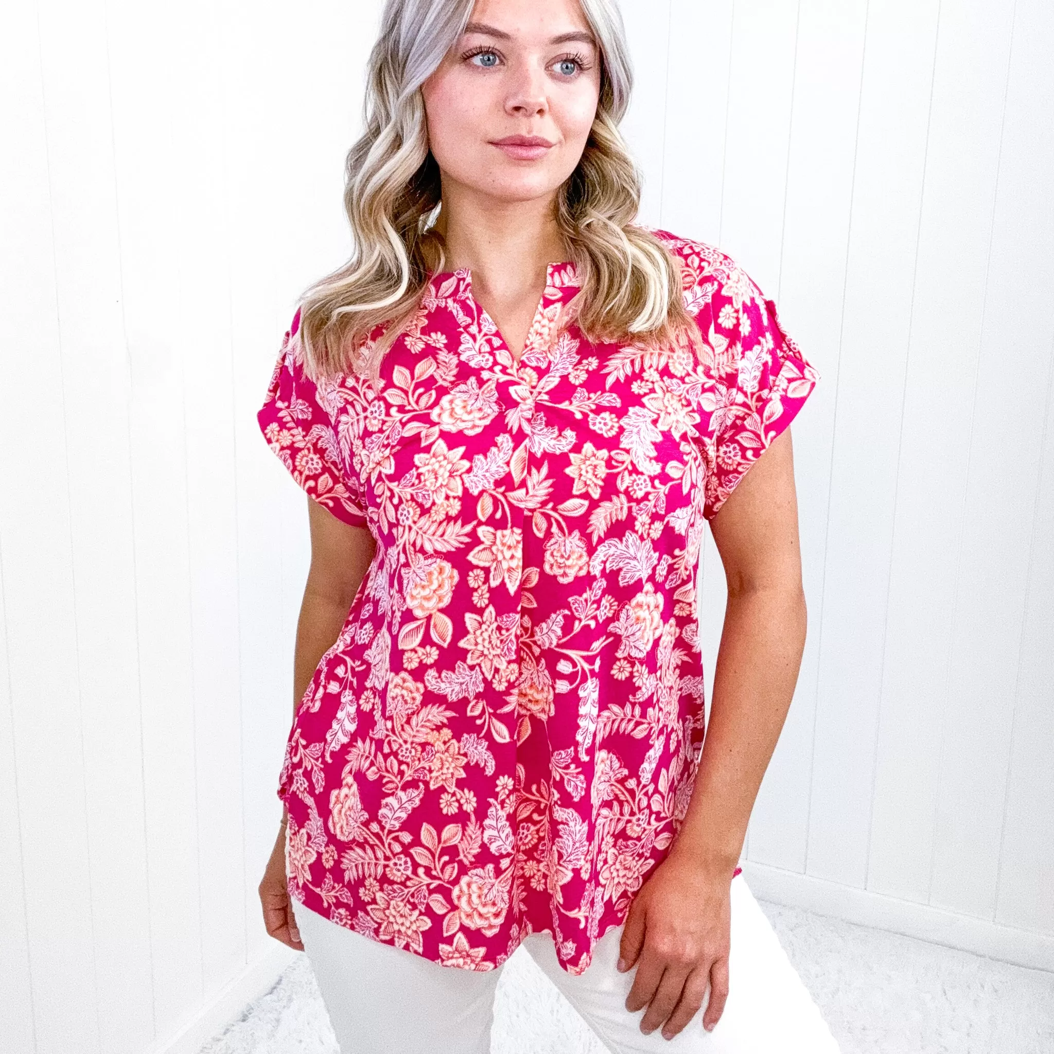 Dear Scarlett Lizzy Cap Sleeve Top in Pink and Peach Floral