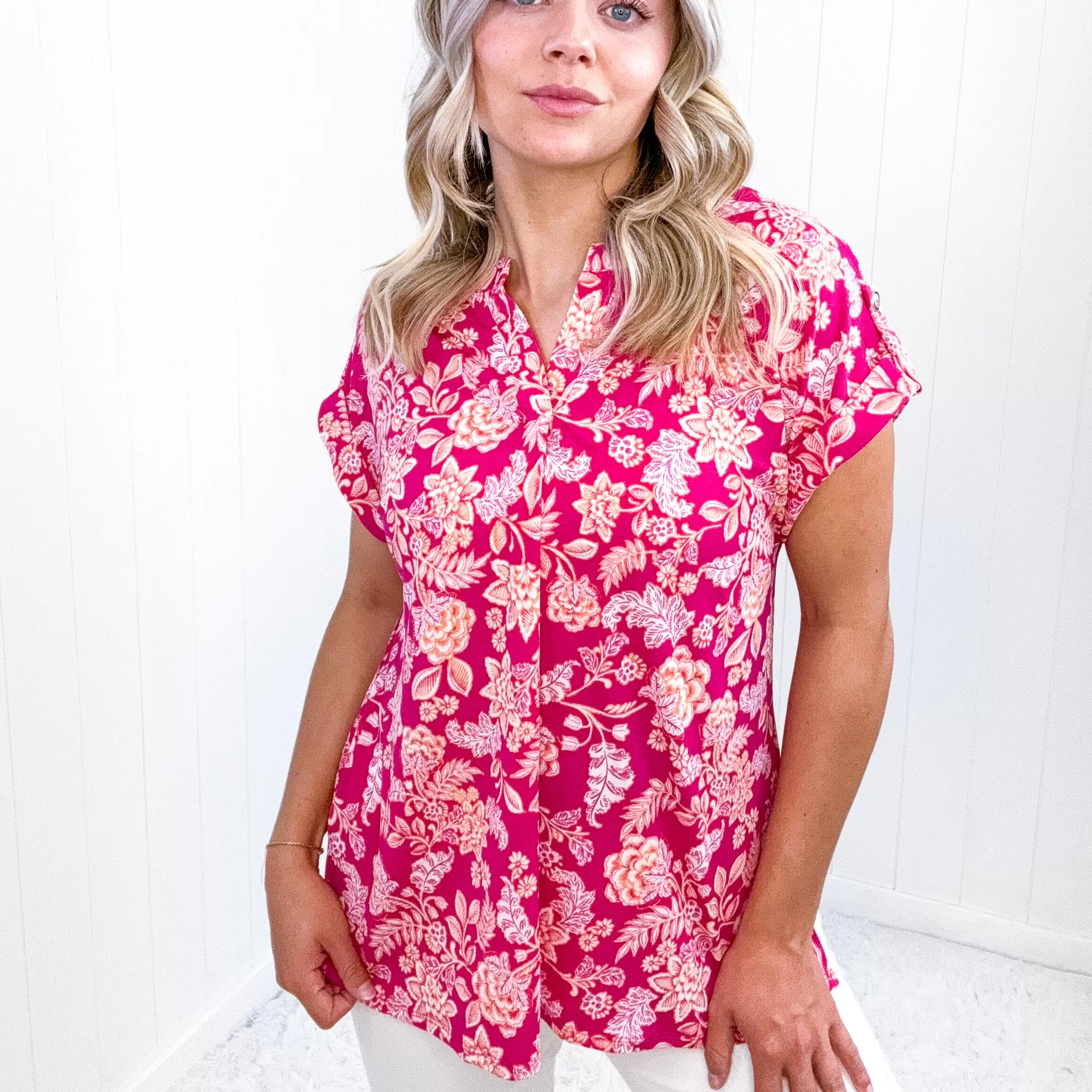 Dear Scarlett Lizzy Cap Sleeve Top in Pink and Peach Floral