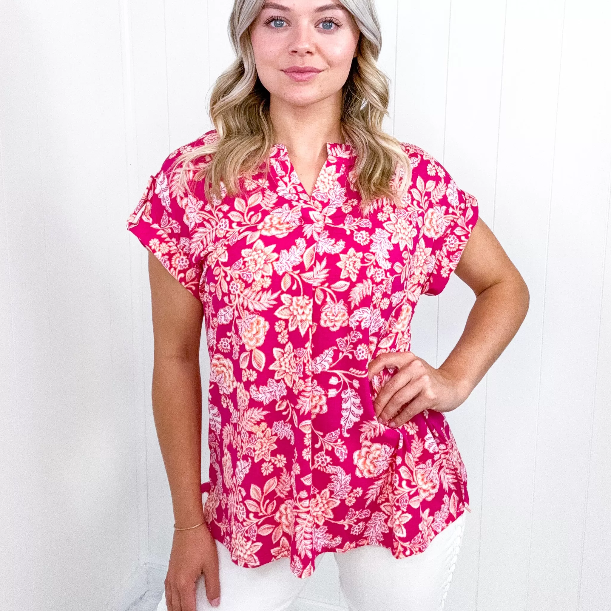 Dear Scarlett Lizzy Cap Sleeve Top in Pink and Peach Floral