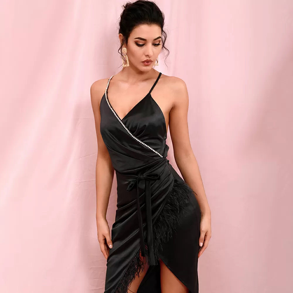 Deep V-Neck Feather Cross Split Maxi Dress