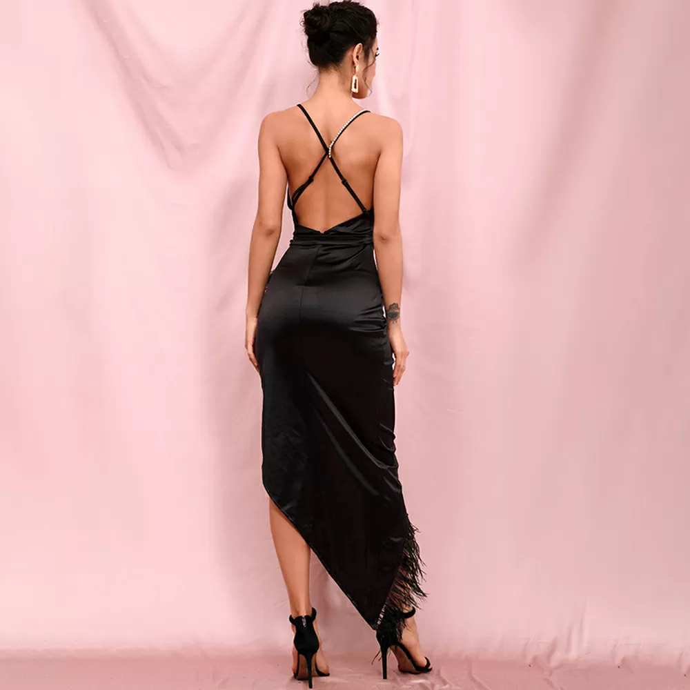 Deep V-Neck Feather Cross Split Maxi Dress