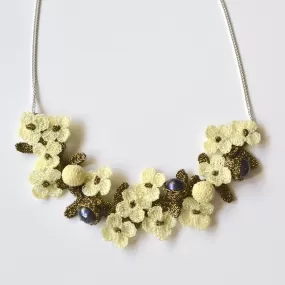 Elaborate Hand Crocheted Flower and Pearl Necklace - Ivory