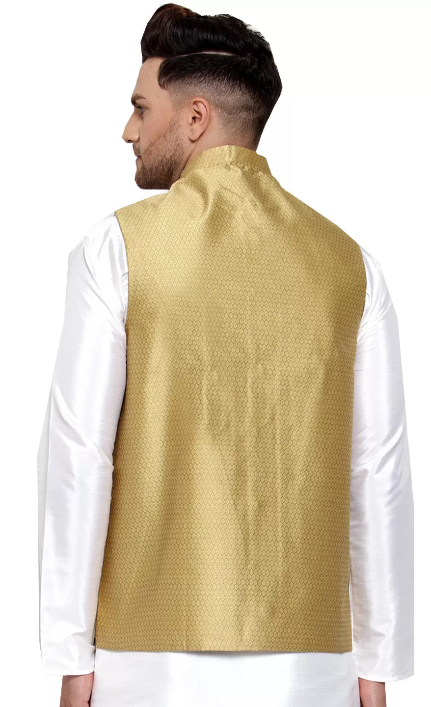 Elegant Gold Poly Silk Nehru Jacket for Men - Stylish Nayroo Jacket