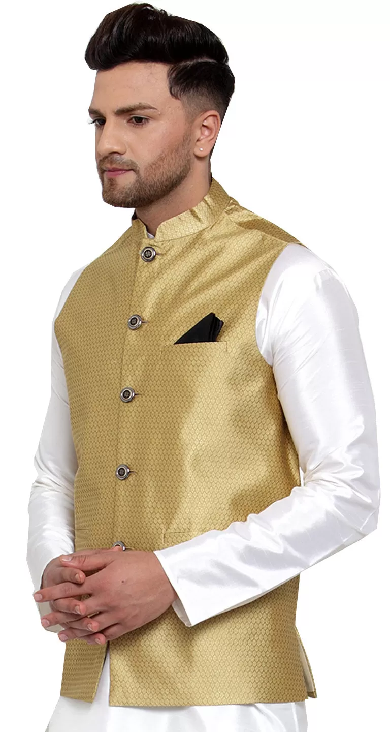 Elegant Gold Poly Silk Nehru Jacket for Men - Stylish Nayroo Jacket