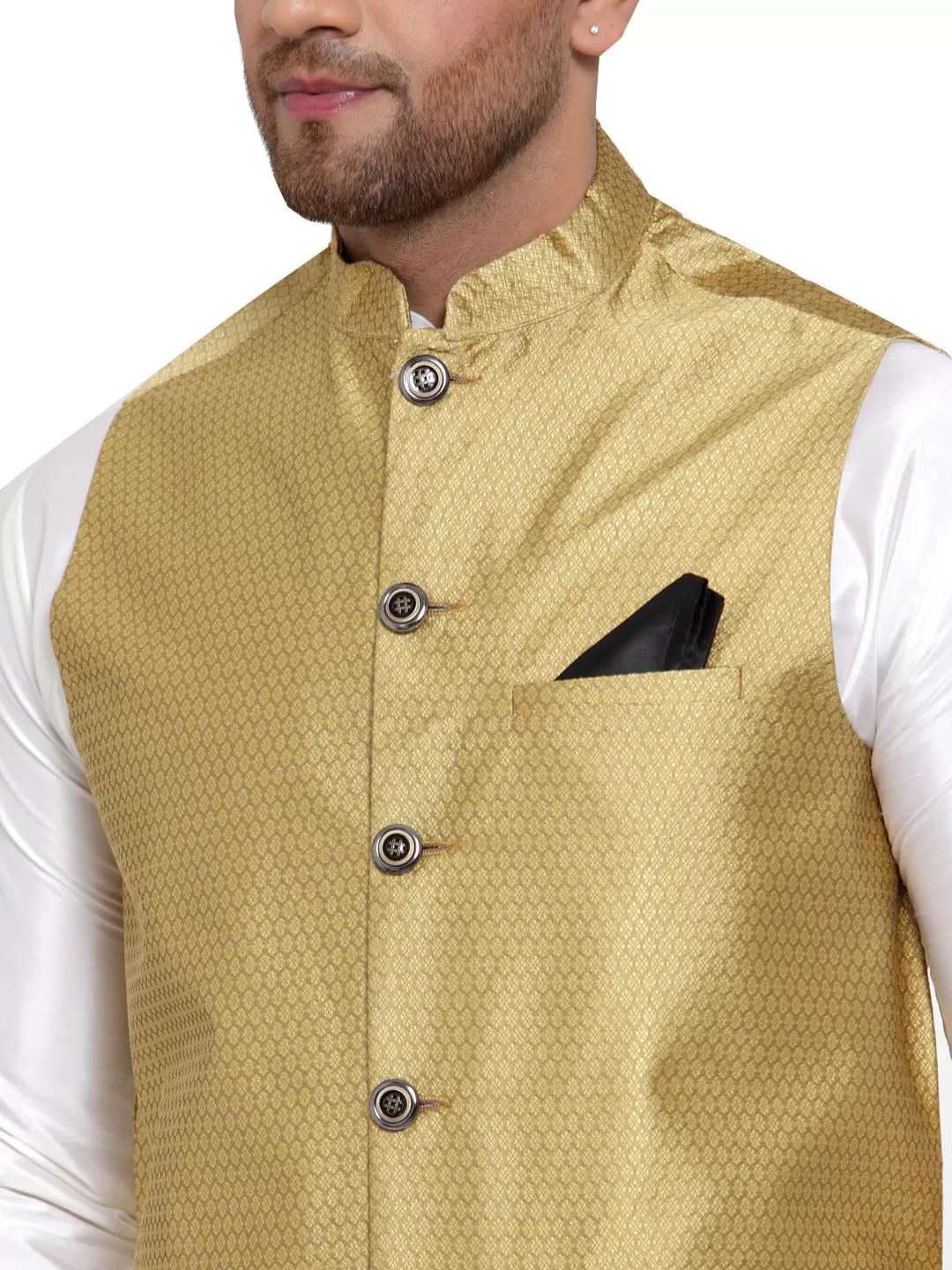 Elegant Gold Poly Silk Nehru Jacket for Men - Stylish Nayroo Jacket