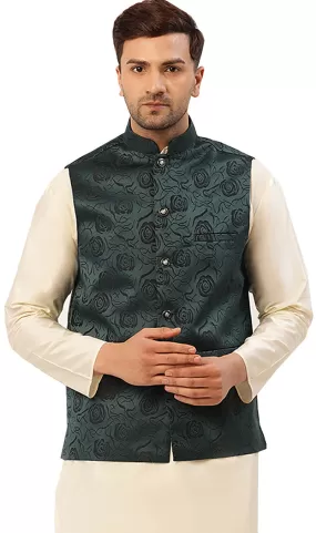 Elegant Jawahar Coat for Men with Mandarin Collar - Floral Design (Green)