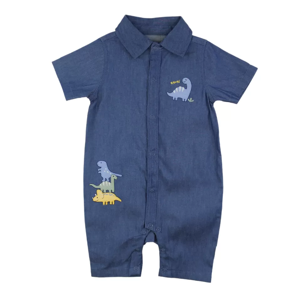 Elegant Kids Chambray Button Down Romper - Dino/Rawr!