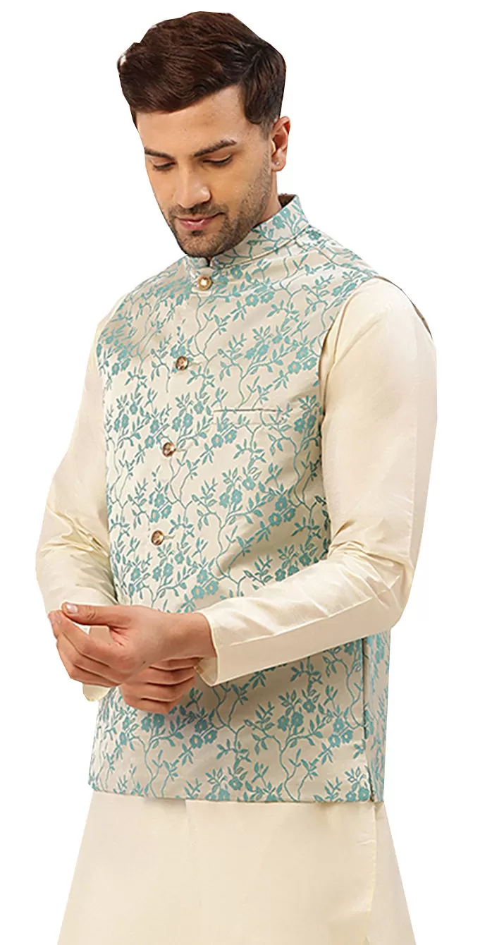 Elegant Nehru Vest for Men with Mandarin Collar - Floral Design (Cream Turquoise)