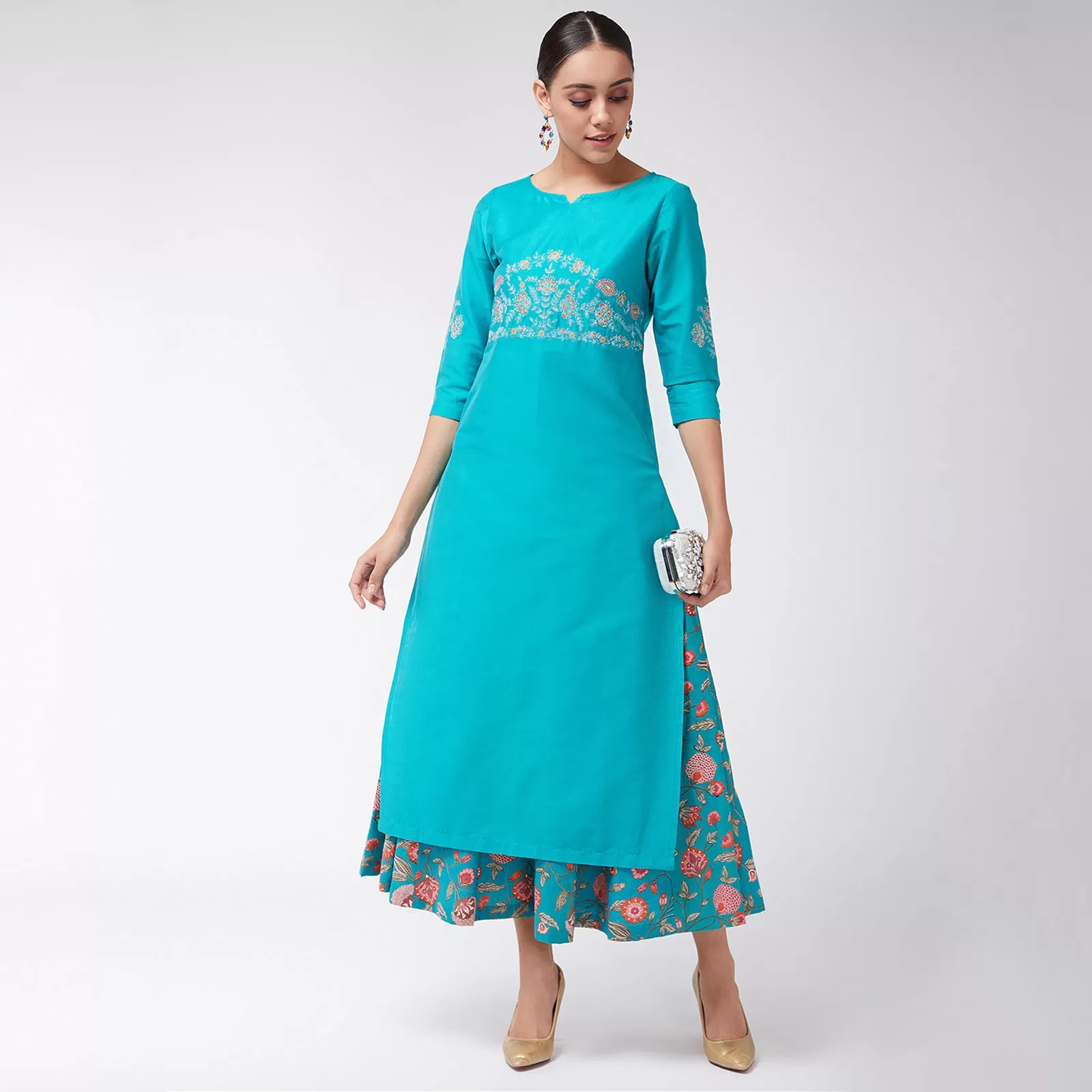 Embroidered 3/4th Sleeves Semi-Festive Kurta