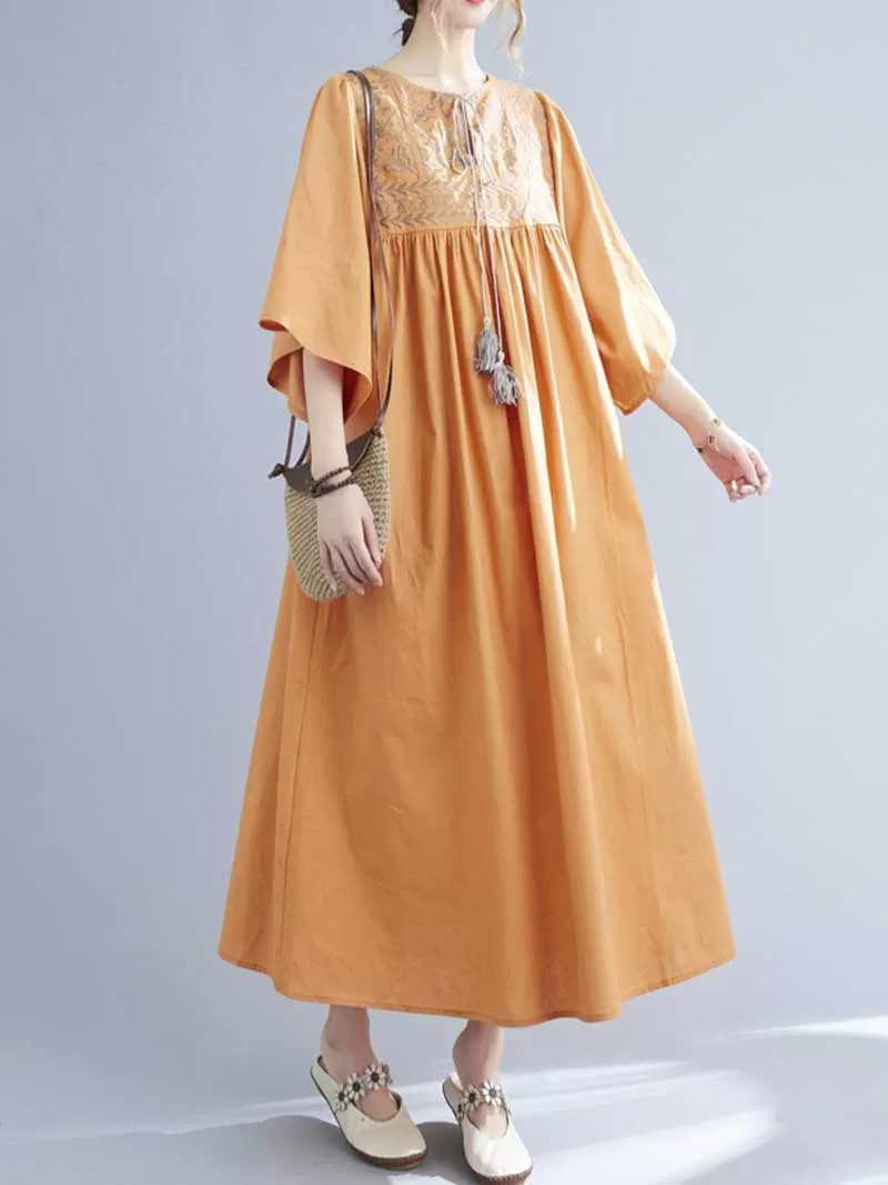 Embroidered Polyester Round-Neck A-Line Dress