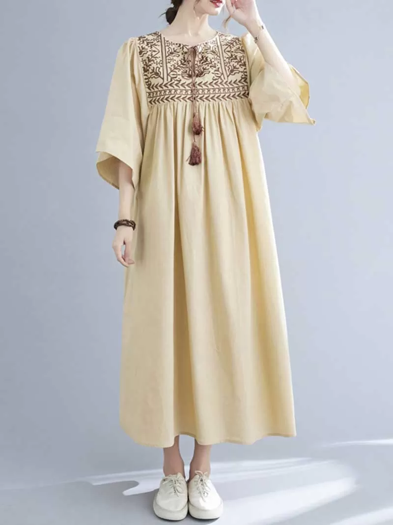 Embroidered Polyester Round-Neck A-Line Dress