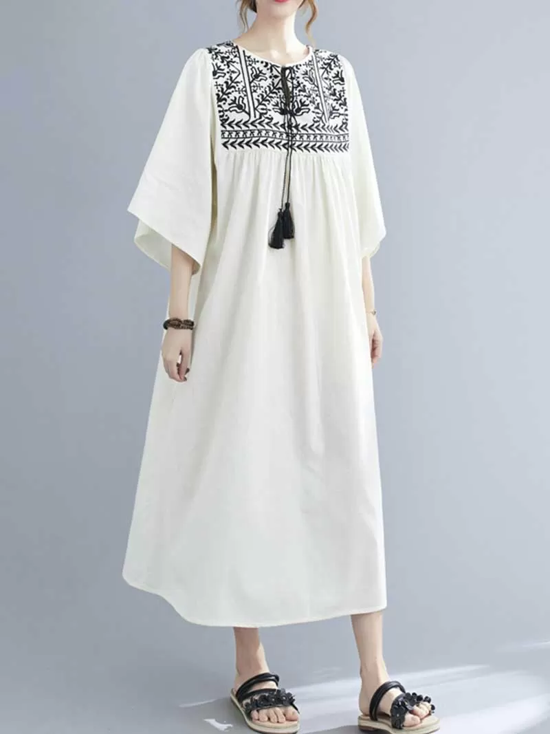 Embroidered Polyester Round-Neck A-Line Dress