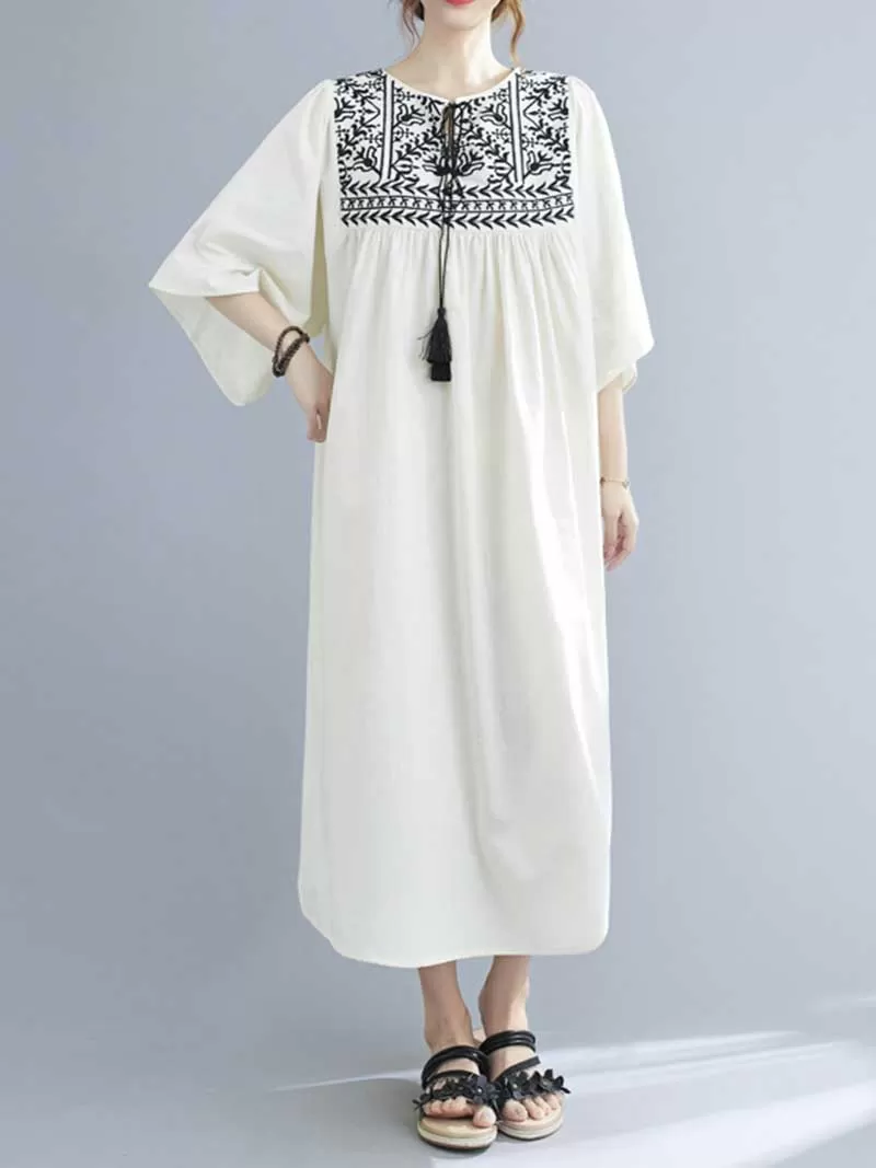 Embroidered Polyester Round-Neck A-Line Dress