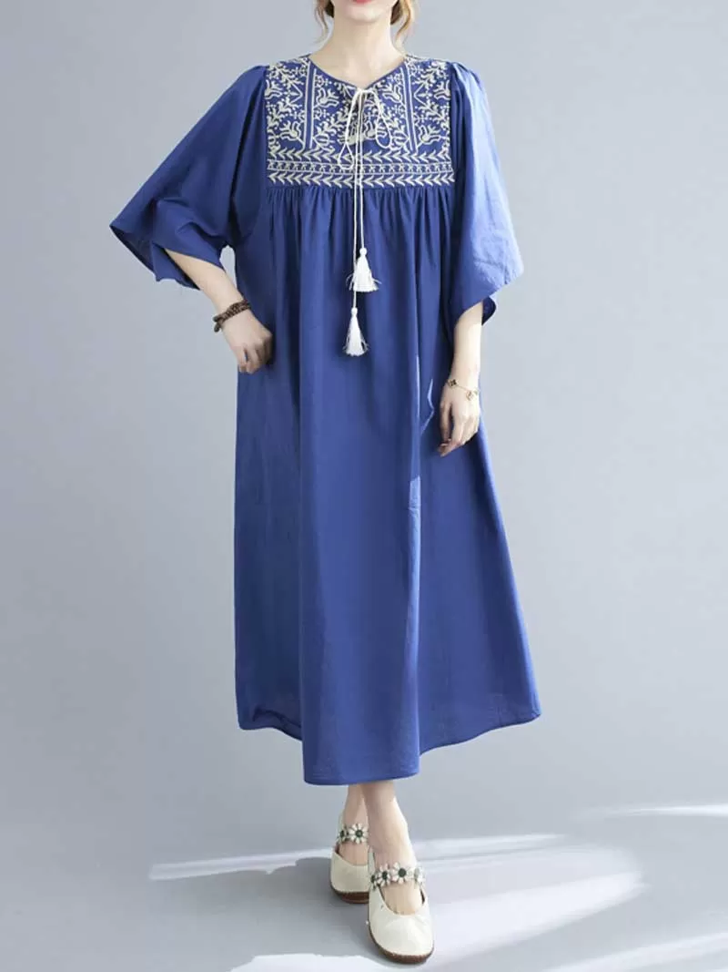 Embroidered Polyester Round-Neck A-Line Dress