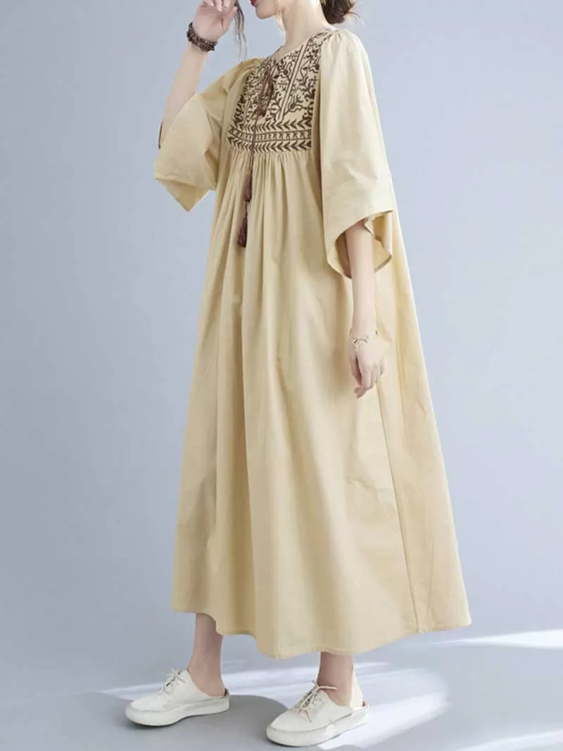 Embroidered Polyester Round-Neck A-Line Dress