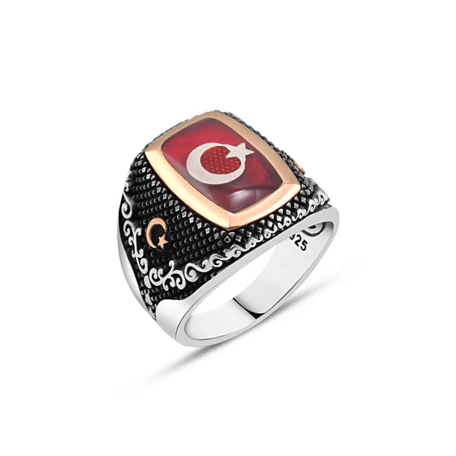 Enameled Turkish Flag Rectangular Pointed Silver Men's Ring Siding Moon and Star and Wavy Pattern