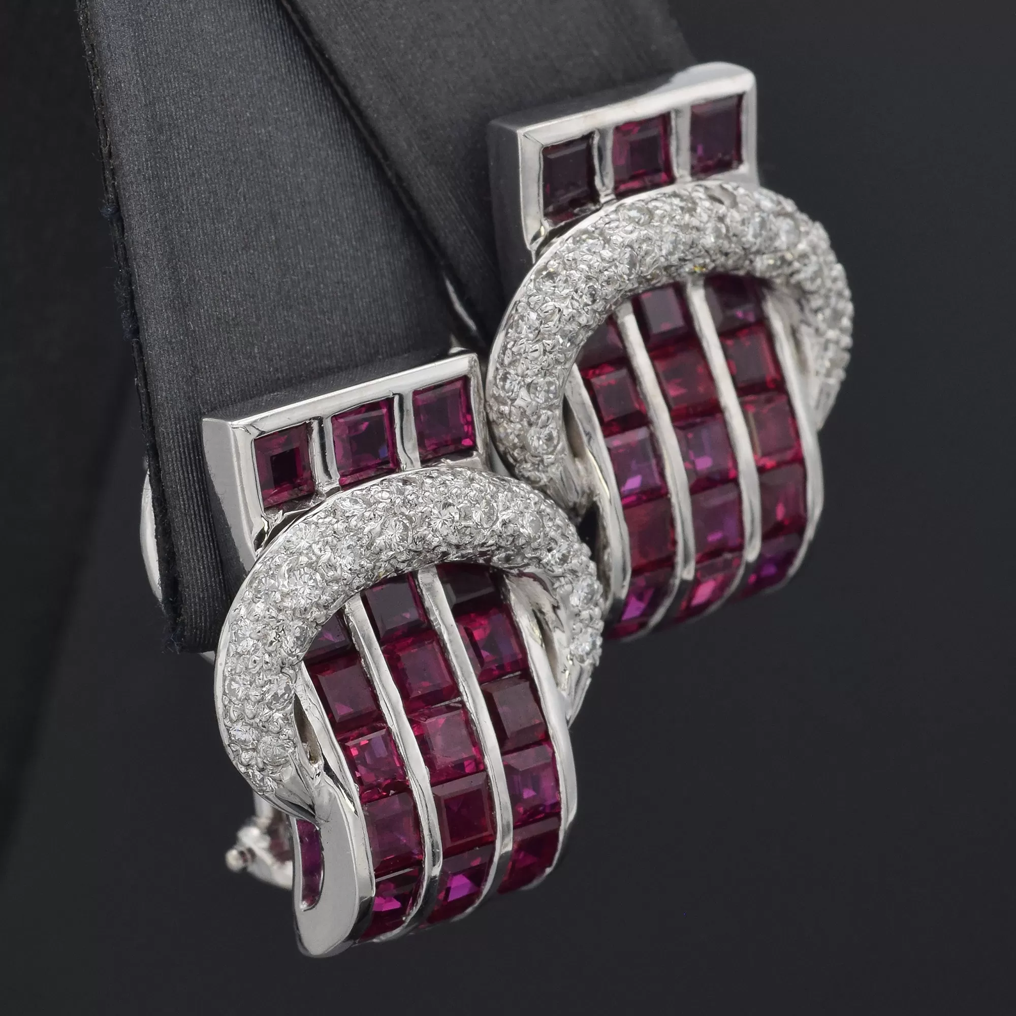 Estate 18K White Gold Ruby & 0.64 TCW Diamond Omega-Back Earrings