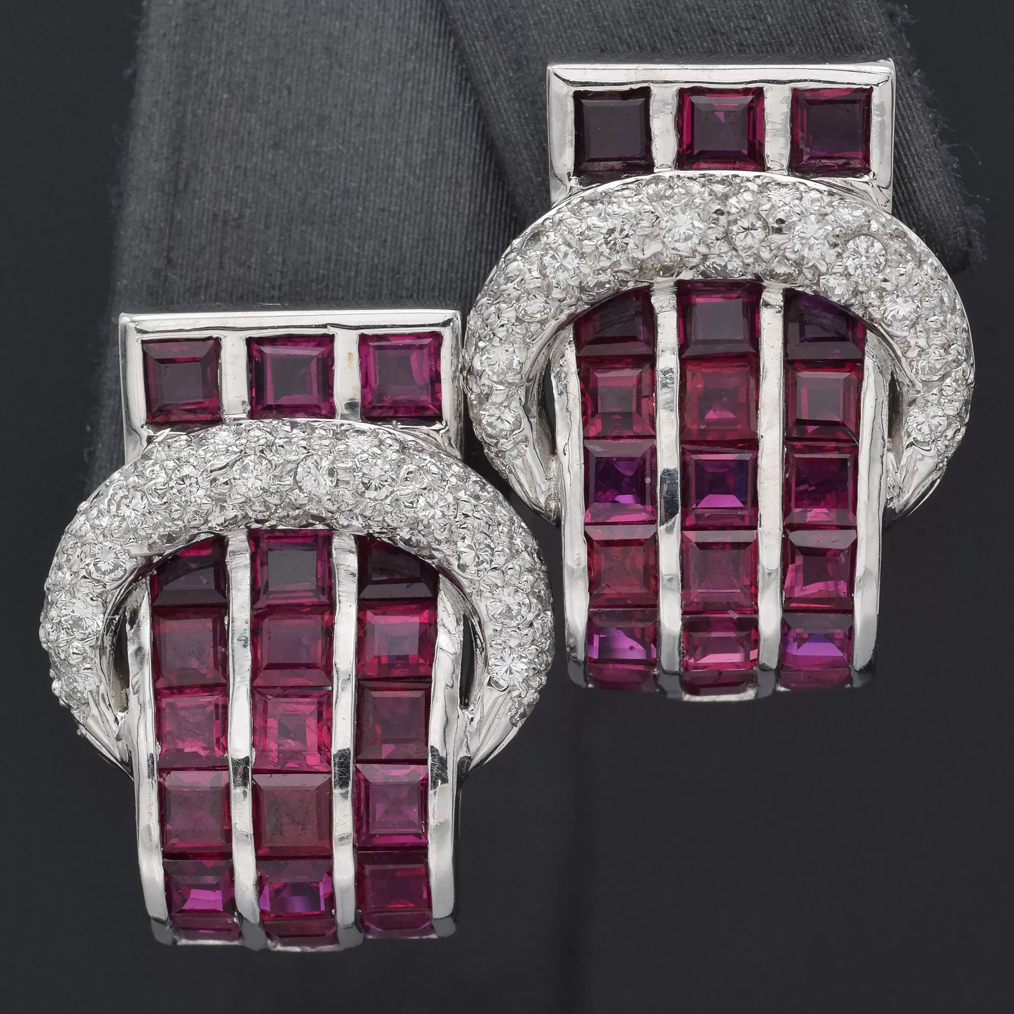 Estate 18K White Gold Ruby & 0.64 TCW Diamond Omega-Back Earrings