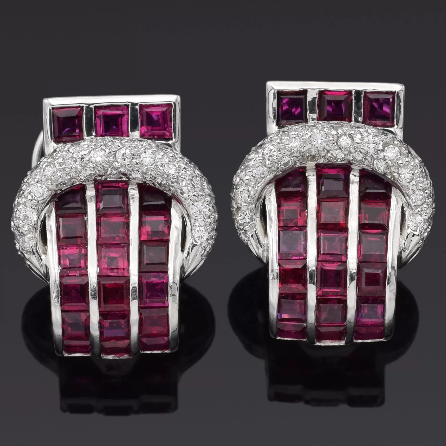 Estate 18K White Gold Ruby & 0.64 TCW Diamond Omega-Back Earrings