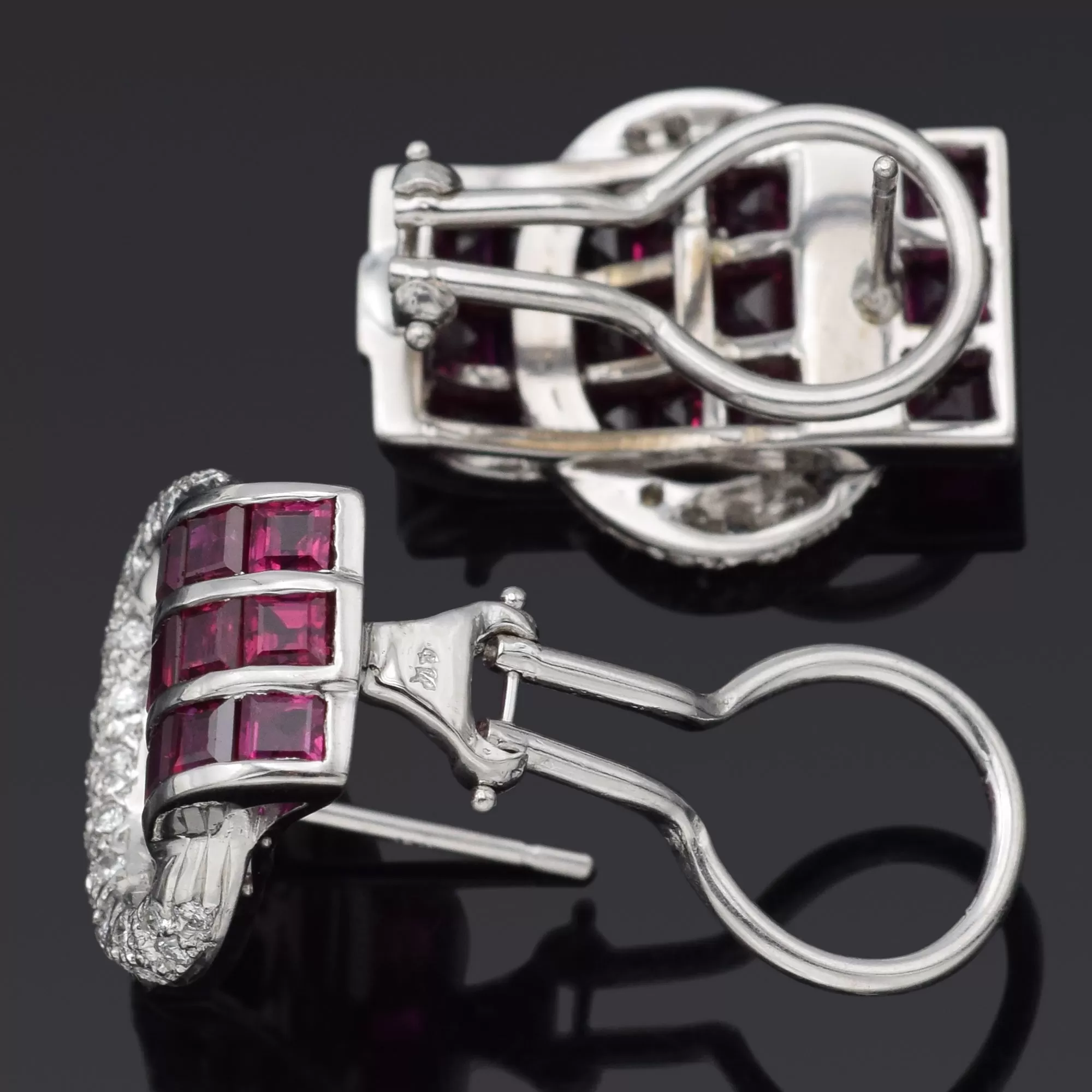 Estate 18K White Gold Ruby & 0.64 TCW Diamond Omega-Back Earrings