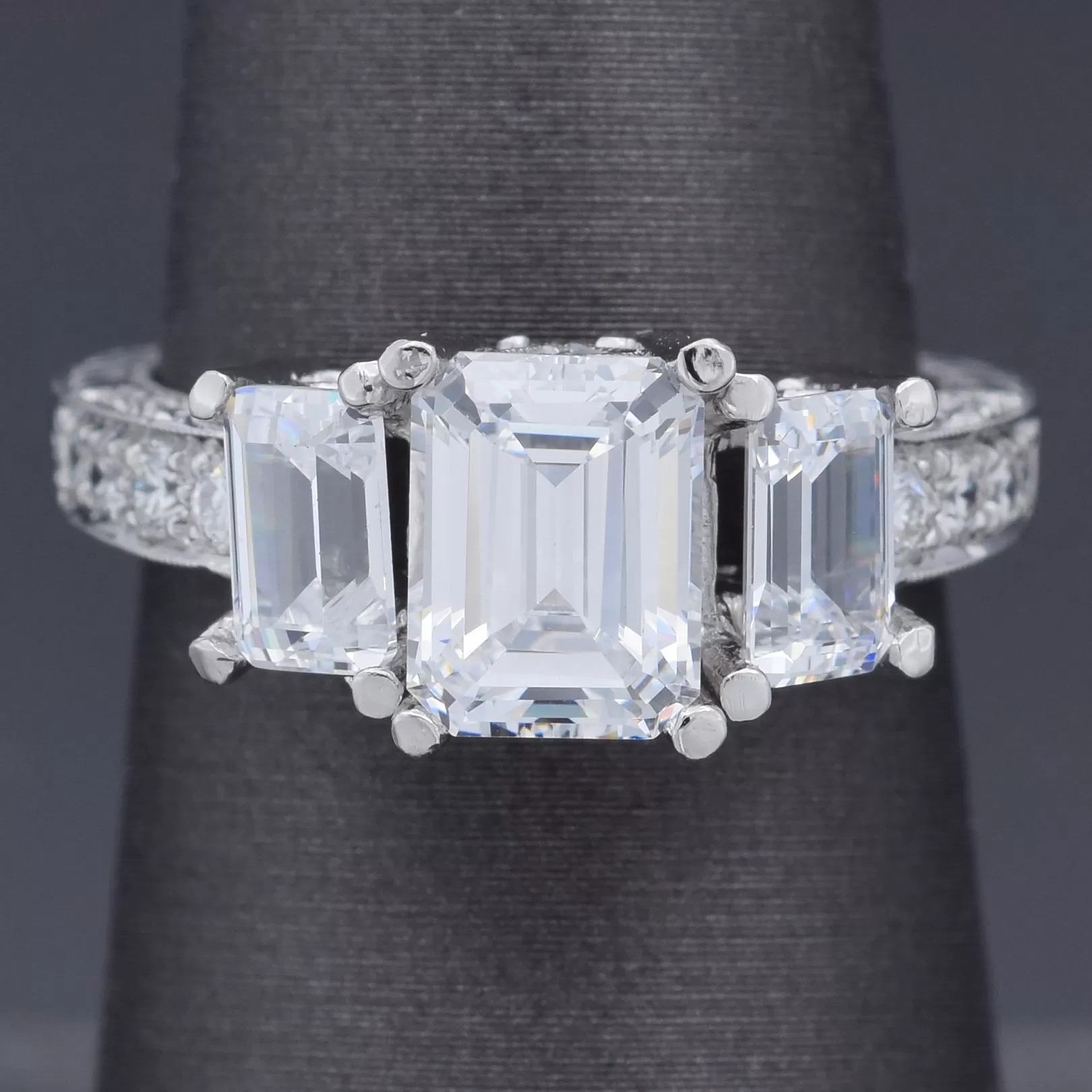 Estate Platinum CZ Center-Stones & 0.56 TCW Diamond Side-Stones Band Ring