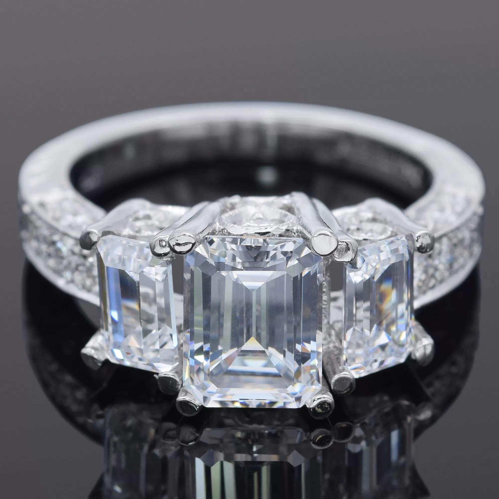 Estate Platinum CZ Center-Stones & 0.56 TCW Diamond Side-Stones Band Ring