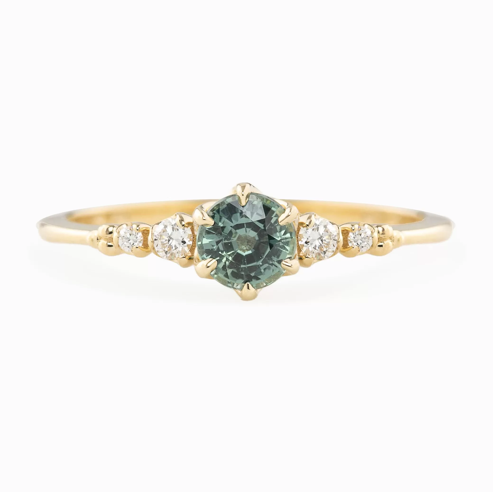 Estel Fleur Ring 4.7mm 0.55ct Blue Green Round Unheated Sapphire, 14k Yellow Gold